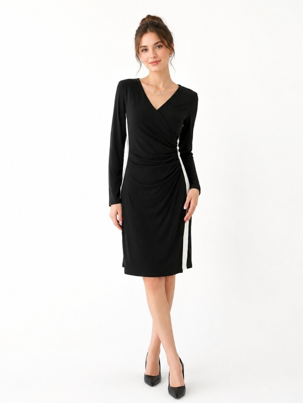 Chaps Black Long-Sleeve V-Neck Wrap Dress